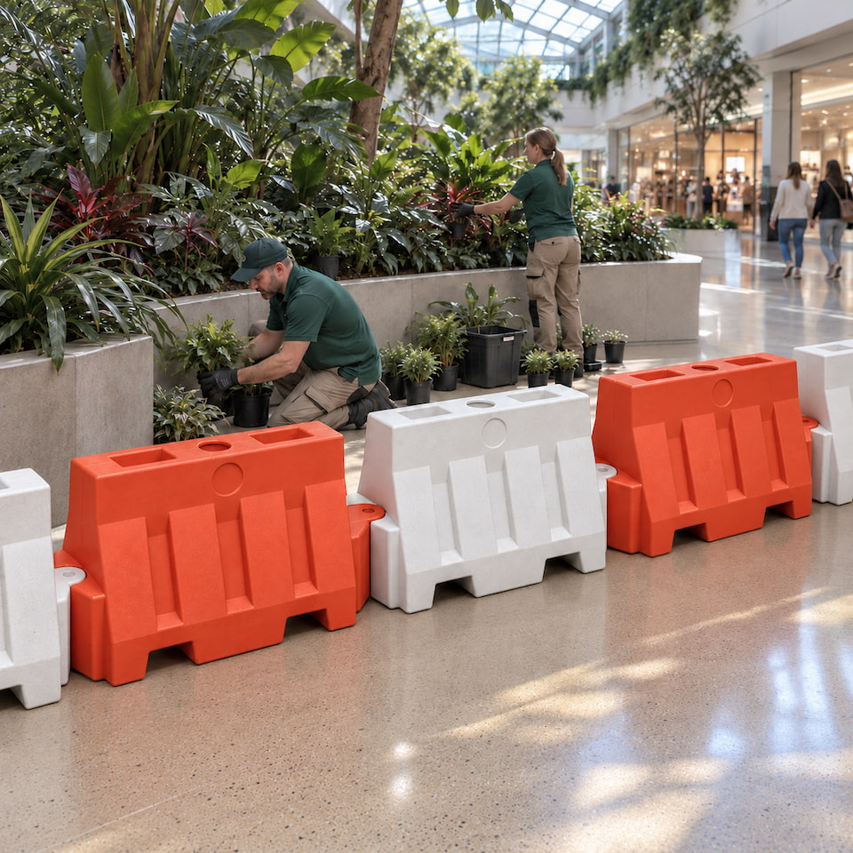 tm-600-orange-white-barriers-separating-indoor-garden-maintenance-from-shopping-centre-walkway
